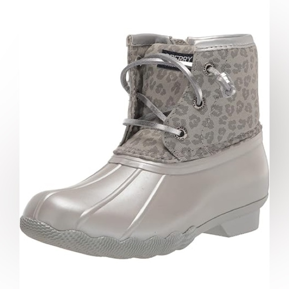 Sperry Kids Saltwater Boot Grey Leopard Silver Duck Boot Big Girls Size 6 NEW - Picture 1 of 9